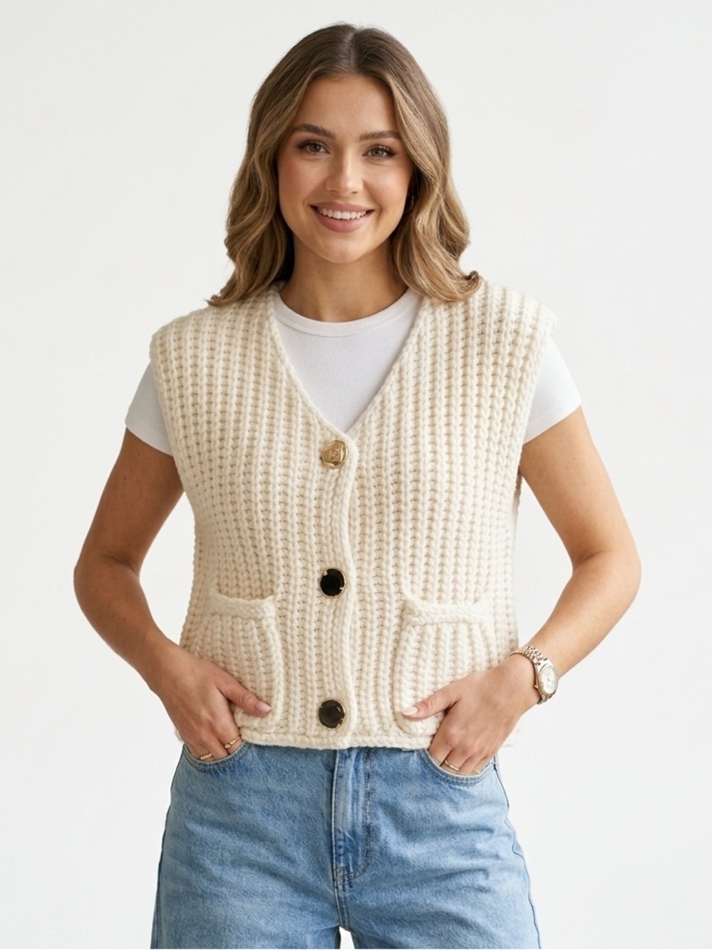 Cream Knit Button-Front Sweater Vest